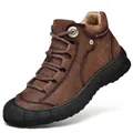 Brown fleece-lined outdoor leather hiking boot for men with high-top textured finish - 38 / Fleece-Lined Style (D9659) / Dark Brown Plush Lined