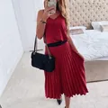 Elegant red V-neck pleated midi dress for women, ideal for casual and party wear. - S / Dresses / Red