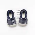 Blue and white plaid knit baby walking shoes with soft beige rubber soles for indoor - Blue Plaid