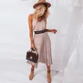 Elegant V-neck pleated midi dress in light pink with adjustable straps for women - S / Dresses / Pink