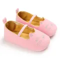 Detailed view of pink baby walking shoes with embroidered cat face and soft sole - Pink
