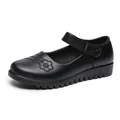 Comfortable black leather flats for elderly women with floral embroidery and strap - 38 / Black