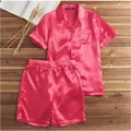 Conjunto de pijama de satén rosa para hombre con camisa de manga corta y pantalones - M / Top Y Pantalón / Rojo