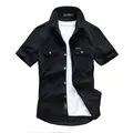 Premium men's black short-sleeved cotton cargo shirt with dual pockets on white background - M / Tops / Black