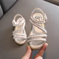 Elegant pink girls' sandals with decorative pearls and rhinestones for summer dress - 21 / Open Toe Princess Shoes (F-39) / Pink