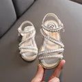 Elegant girls' princess sandals featuring pearls and rhinestones in a cream white finish - 21 / Open Toe Princess Shoes (F-39) / Gold