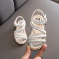 Elegant girls white pearl sandals with shimmering rhinestones and princess bow details - 21 / Open Toe Princess Shoes (F-39) / Silver