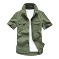 Men's military green pure cotton short sleeve cargo shirt with functional chest pockets - M / Tops / Army Green