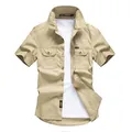 Khaki men's short sleeve cotton cargo shirt for summer, casual military style look. - M / Tops / Khaki