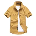 Professional mustard yellow men's short sleeve pure cotton cargo shirt with pockets - M / Tops / Turmeric
