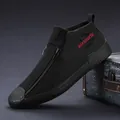 Men's black high-top canvas shoes with front zipper and stylish red embroidery detail - 38 / All Black