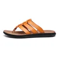 Classic men's brown leather flip-flops with woven straps for summer beach comfort - 38 / Yellow