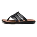 Men's stylish black leather flip-flops with braided straps and brown cushioned sole - 38 / Black