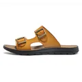 Heren lederen strand slippers met verstelbare dubbele metalen gespen voor optimaal comfort - Teder Geel