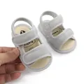 Detail of grey mesh baby sandals featuring adjustable velcro straps for infant walkers - Gray