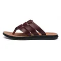 Premium men's brown leather flip-flop sandals with woven straps and black non-slip sole - 38 / Burgundy