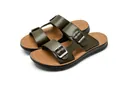 Herenleren outdoorsandalen in donker olijfgroen met verstelbare zilveren gespen. - Legergroen