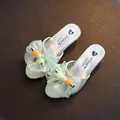 Mint green princess slippers for girls with heart pattern and mesh bow decoration - Green