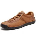 Hand-stitched mens retro brown leather casual shoes shown from a professional side angle - 38 / Brown