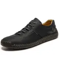 Classic hand-stitched black leather casual shoes for men featuring vintage 1978 fashion print - 38 / Black