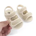 Detail showing breathable mesh fabric and velcro straps on beige baby sandals - Apricot