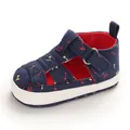 Detail view of navy blue baby cotton sandal with soft non-slip white sole and velcro strap - 11cm / Blue