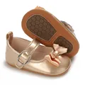 Detailed view of gold baby princess shoes with bow and anti-slip honeycomb sole - Insole Length 11cm / Gold