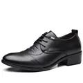 Elegant men's black lace-up height-increasing leather dress shoes for business weddings. - 37 / Black
