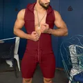 Detailed view of burgundy sleeveless hooded men's romper featuring a front zipper - S / Top And Bottom / Burgundy