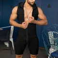Sleeveless black hooded athletic romper for men featuring a front zipper and drawstring waist - S / Top And Bottom / Black