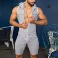 Close-up view of men's grey hooded sleeveless sports romper with full front zipper - S / Top And Bottom / Gray
