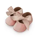 Soft pink velvet baby princess walker shoes featuring elegant champagne silk ribbon bows - 11cm (0-6 Months) / Pink