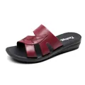 Comfortable maroon leather sandals for elderly women with leaf stitching pattern - 38 / Red