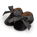 Elegant black velvet baby princess shoes featuring satin ribbon bow and soft walker soles - 11cm (0-6 Months) / Black