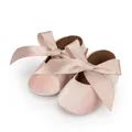 Adorable champagne pink velvet baby princess shoes with elegant large satin ribbon bow - 11cm (0-6 Months) / Beige