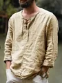 Camicia casual da uomo in cotone e lino, maniche lunghe, scollo con lacci, beige - Taglia S / Top / Kaki