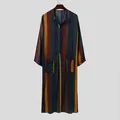 Traditionelle Herren Kaftan Robe mit langen Ärmeln und bunten vertikalen Streifen - S / Morgenmantel / Gelb