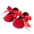 Soft red velvet baby girl princess shoes with large decorative satin ribbon bow - 11cm (0-6 Months) / Q181 Series / Red