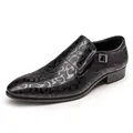 Elegant men's black formal leather dress shoes featuring embossed pattern and buckle strap - Black