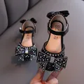 Elegant black girls rhinestone princess shoes with large bow for dance and performance - 21 / Black