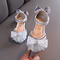 Elegant silver girls' princess shoes with sparkling rhinestone bows and satin ribbons - 21 / Silver