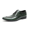 Premium green pointed-toe leather business dress shoe with laser-engraved patterns - 38 / Dark Green