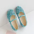 Sparkly turquoise sequined Mary Jane flats for little girls with elastic strap detail - 21 / Blue