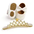 Soft white PU baby princess shoes with bow and gold glitter star crown headband - Set (Bra and Panty) / 11cm / White