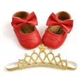 Red PU soft sole baby shoes with bow and gold glitter star crown headband set for girls - Set (Bra and Panty) / 11cm / Red