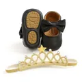 Detailed view of black PU baby princess shoes and a gold glitter star tiara headband set. - Set (Bra and Panty) / 11cm / Black