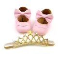 Detail view of pink baby princess shoes with bow and gold glitter crown headband set - Set (Bra and Panty) / 11cm / Pink