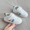 Toddler white leather sneakers with blue and yellow accents and velcro straps - Inner Length 13.5cm / Size 18 / Orange & Blue