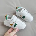 Soft sole white leather toddler walking shoes with green stripes and velcro strap - Inner Length 13.5cm / Size 18 / Orange & Green
