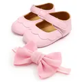 Detailed view of pink baby Mary Jane soft sole walking shoes with matching bow headband - Set (Bra and Panty) / 11cm / Pink